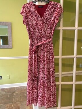 Women's Red Floral Wrap Maxi Dress with Tie Waist